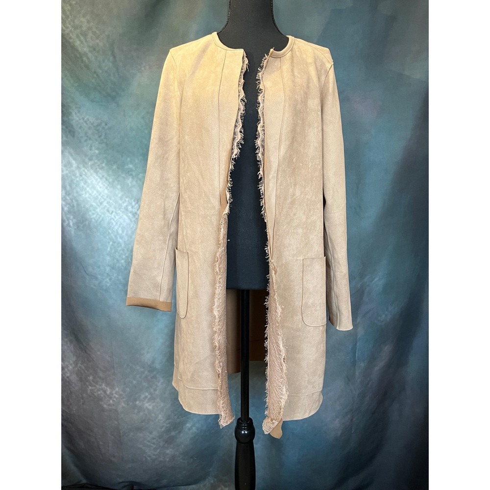 Joan Vass New York Tan Faux‎ Leather Collarless Open Front Long Jacket Medium